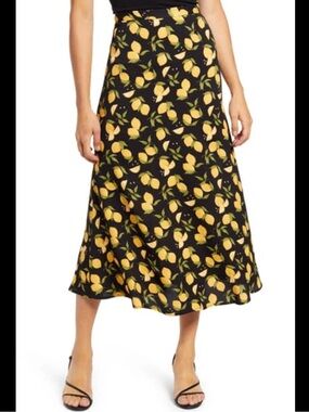 Reformation Bea Black Novelty Lemon-Print Midi Skirt 4P